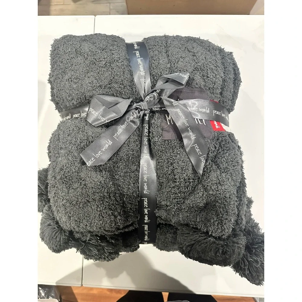 Peace Love World Home Gray Plush Pom Pom Throw Blanket I Love My Family 60x70